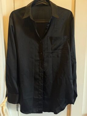 Nasty Gal Silky Black Long-Sleeve Button-Up Blouse